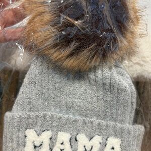 Gray and Black Knit Beanie with Faux Fur Pom-Pom mama and mini combo!